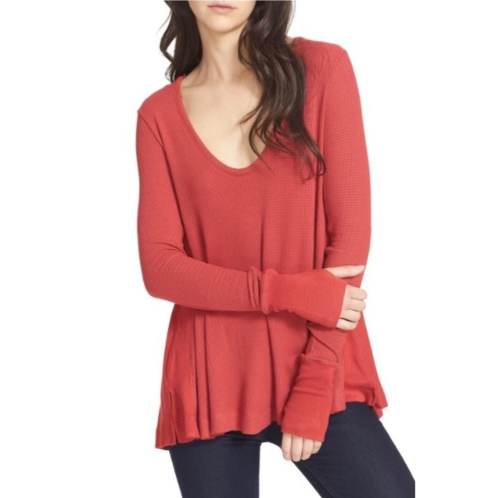 Free People We The Free Malibu Thermal Long Sleeve Shirt Rust Burnt Red Orange
